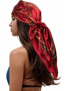 Womens Red Printed Square Scarf Bandanas Hair Scarf 35 Inches